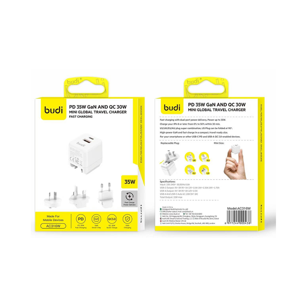 Dual-Port High-Speed Charging. Enjoy rapid power delivery with dual ports offering up to 35W total output for efficient charging. Quick Boost for iPhone. Charge your iPhone 8 or newer from 0% to 50% in just 30 minutes for fast top-ups on the go. Global Plug Versatility. Includes US, UK, EU, and AU plug optionsโplus a foldable US plug that rotates 90ยฐ for compact storage. Compact GaN Power for Travel. Powered by high-efficiency GaN technology, this charger delivers fast charging in a sleek, travel-friendly design. Universal Device Compatibility. Perfect for smartphones and other devices that support USB-C Power Delivery or USB-A Quick Charge 3.0.